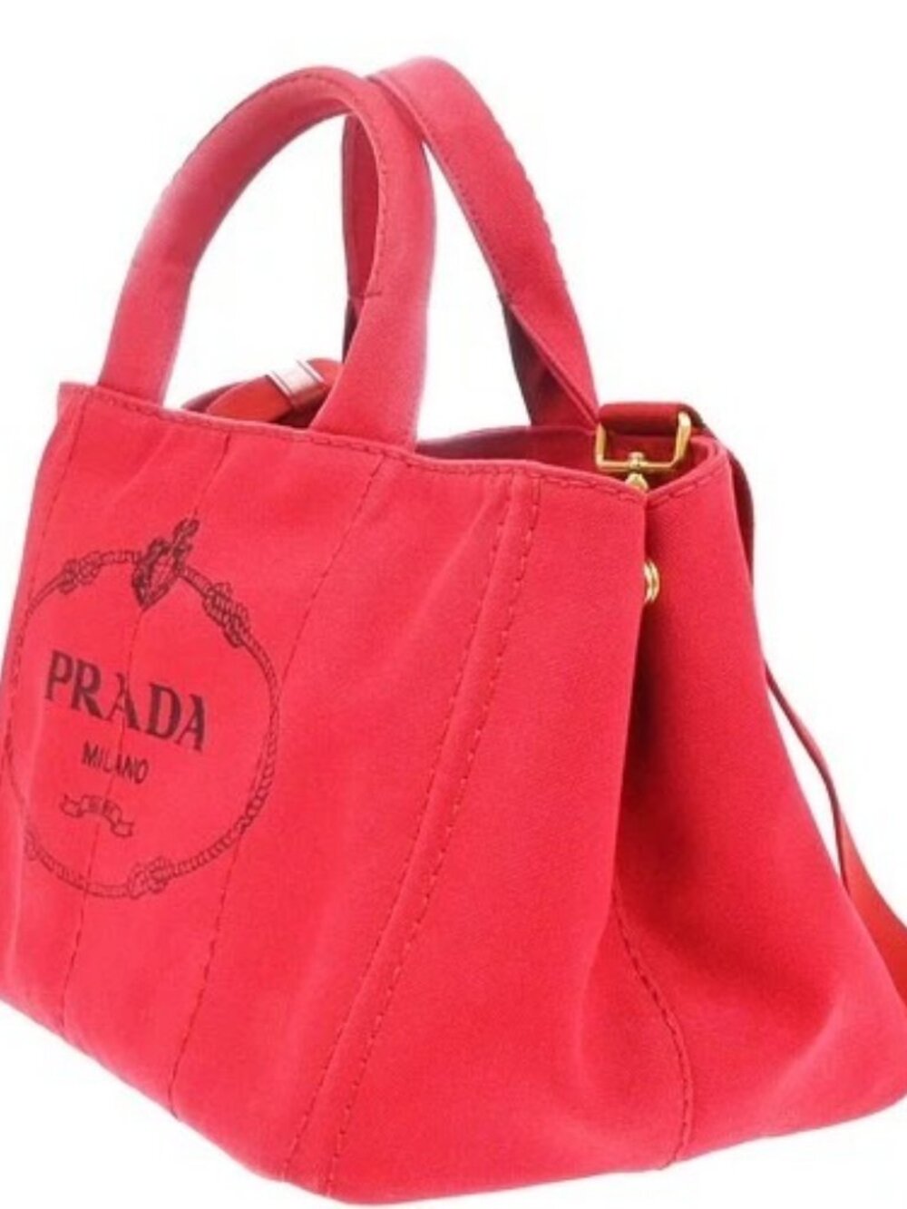 PRADA Logo Canapa 2Way Shoulder Hand Bag Canvas Leather Red GHW 79YH925 - Picture 2 of 16